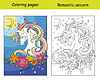 Vector clipart: Romantic unicorn portrait coloring book template
