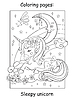Vector clipart: Cute sleepy unicorn lying on cloud coloring