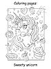 Vector clipart: Cute unicorn head with sweets and cakes coloring