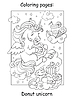 Vector clipart: Cute unicorn eats donuts and other sweets coloring