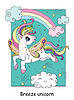 Cute unicorn with wings flying in sky colorful