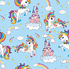Seamless pattern cute unicorns in cloudy sky blue