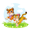 Vector clipart: Cute cartoon little tigers running on meadow
