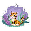 cartoon sitting tiger with plants
