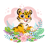 cartoon tiger with beauty flowers