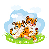 Vector clipart: Cute cartoon little tigers playing on meadow