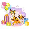 cartoon tigers with present boxes and balloons