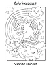 Coloring book page unicorn head with rainbow