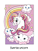 Unicorn head with rainbow and clouds