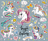 Vector clipart: Set of cute cartoon unicorns gray