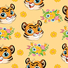 Vector clipart: Seamless pattern with tigers heads and flowers