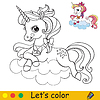 Vector clipart: Cute unicorn lying on cloud coloring