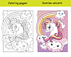 Coloring unicorn head with rainbow and clouds