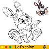 Vector clipart: Cute sitting rabbit coloring with colorful template