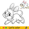 Vector clipart: Cute running rabbit coloring with colorful template