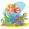 Vector clipart: Sea world background with mermaids and turtle