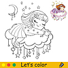 Vector clipart: Cartoon cute girl sleeping on cloud coloring