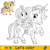Vector clipart: Cartoon cute girl riding magical unicorn coloring