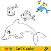 Vector clipart: Cartoon cute sea theme coloring dolphin and fish