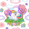 Vector clipart: Seamless pattern with dreaming unicorn and forest