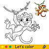 Vector clipart: Cartoon cute monkey with banana on liana coloring