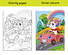 Coloring and color unicorn drive car