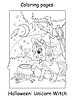 Coloring book page cute unicorn witch Halloween