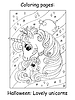 Vector clipart: Coloring book page cute unicorn witch Halloween