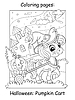 Coloring book page cute unicorn driving Halloween