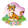Cute cartoon tiger sitting in flowers