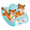 Cartoon playful tiger cubs run with ball