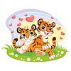 Cute cartoon two loving tiger cubs with hearts