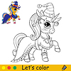 Vector clipart: Little witch cute unicorn coloring book Halloween