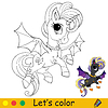 Vector clipart: Cute unicorn with wings coloring book page Halloween