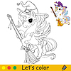 Vector clipart: Cute unicorn witch with broom coloring book page