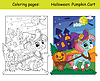 Vector clipart: Coloring and colorful cute unicorn harnessed to cart
