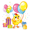 Vector clipart: cartoon chicken with present and balloons