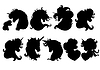 Set of black silhouettes of unicorns heads