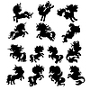 Set of black silhouettes of unicorns in motion