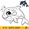 Vector clipart: Cartoon cute and funny orca with bubbles coloring
