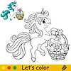 Cartoon cute unicorn holds basket with flowers