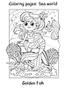 Coloring book page cute mermaid with golden fish