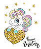 Vector clipart: Cute cartoon unicorn with golden heart