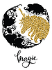 Colorful golden unicorn and magic flowers silhouette