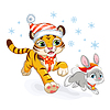 Cute Christmas tiger runs with rabbit