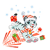 Cute Christmas tiger runs with presents