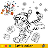 Coloring cute running Christmas tiger