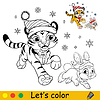 Coloring christmas tiger runs with rabbit