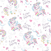 Vector clipart: Cute joyful unicorns with lettering seamless pattern