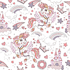 Vector clipart: Cute unicorns with hearts and castle seamless
